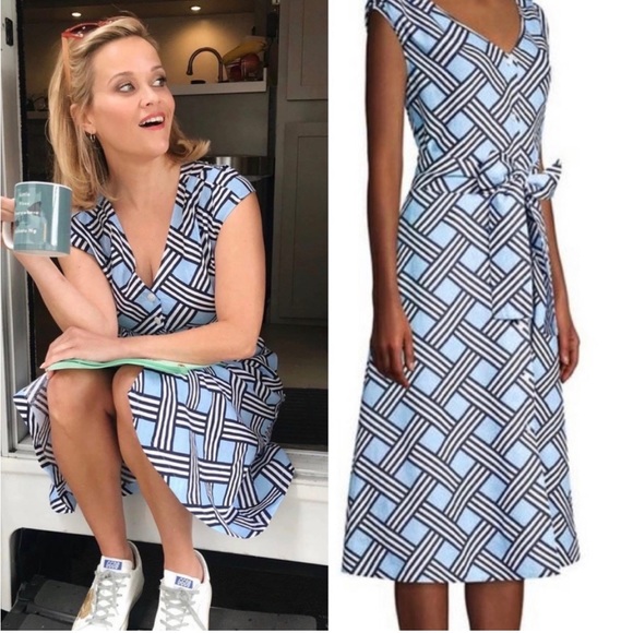 Draper James Linen Lattice Button Front Midi Dress - Picture 1 of 10